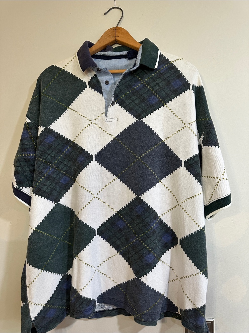 Men's Green and White Argyle Polo Shirt classic preppy 90s